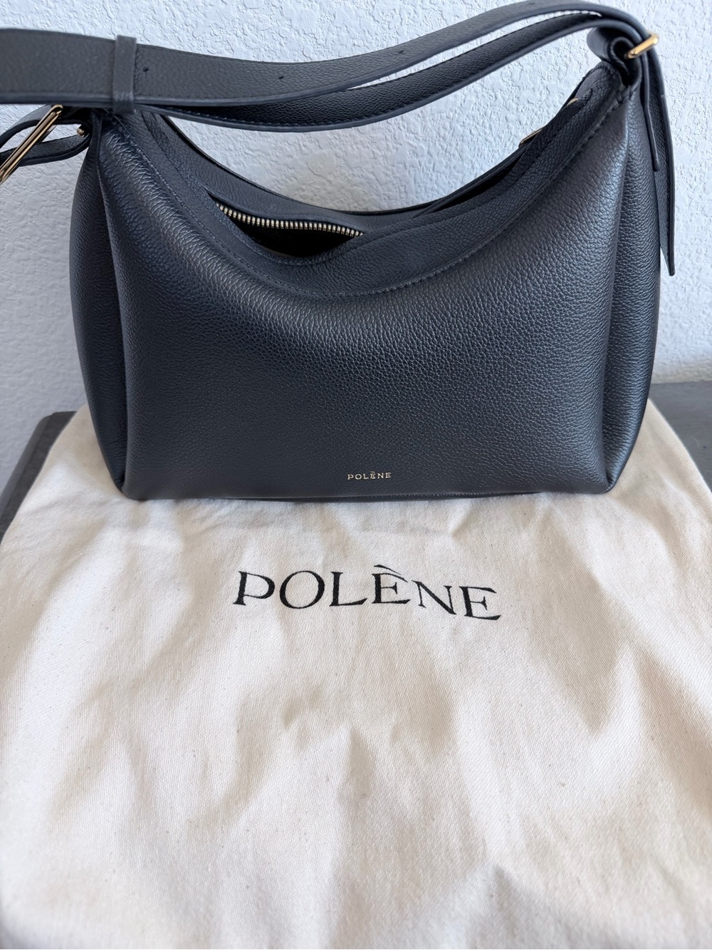 Polène Umi Black Pebbled Leather Shoulder Bag